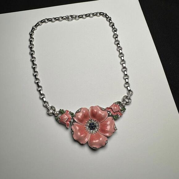 Trifari Philippe Rue de la Paix Pink Flower Rhinestone Enamel Necklace ForRepair